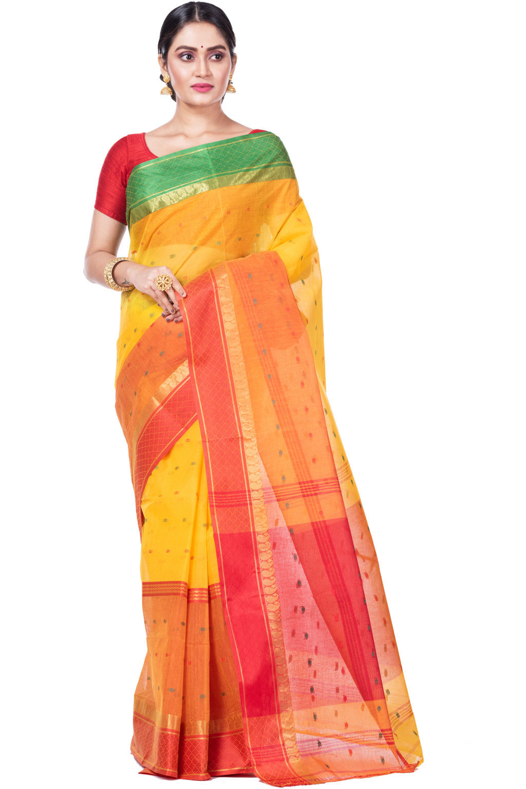 Yellow Pure Cotton Ganga Jamuna_Buti Tant Saree (650)